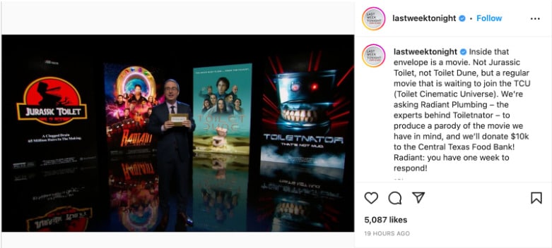 In a wrap up to the show, John broadcasts a challenge to Radiant to create a parody of a movie of their choosing. Courtesy of Last Week Tonight.