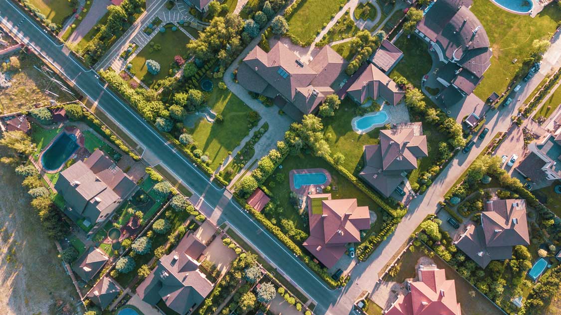 An overhead aerial view of a neighborhood in Texas
