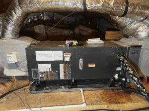 Lennox horizontal air handler installed in attic during heat pump installation in Boerne TX