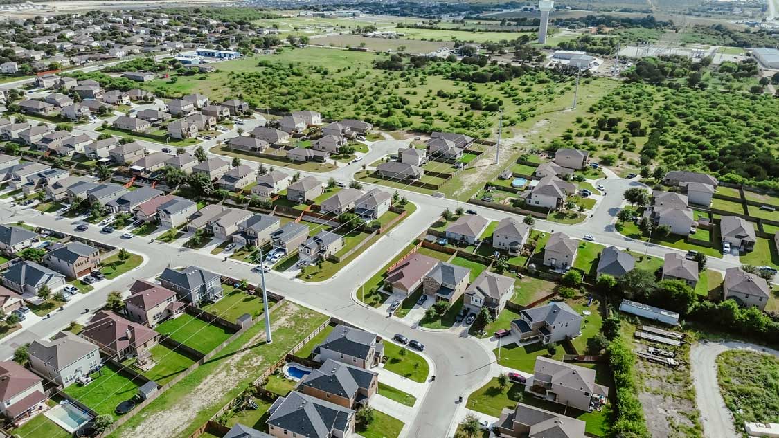 An aerial photograph of a typical San Antonio suburb neighborhood