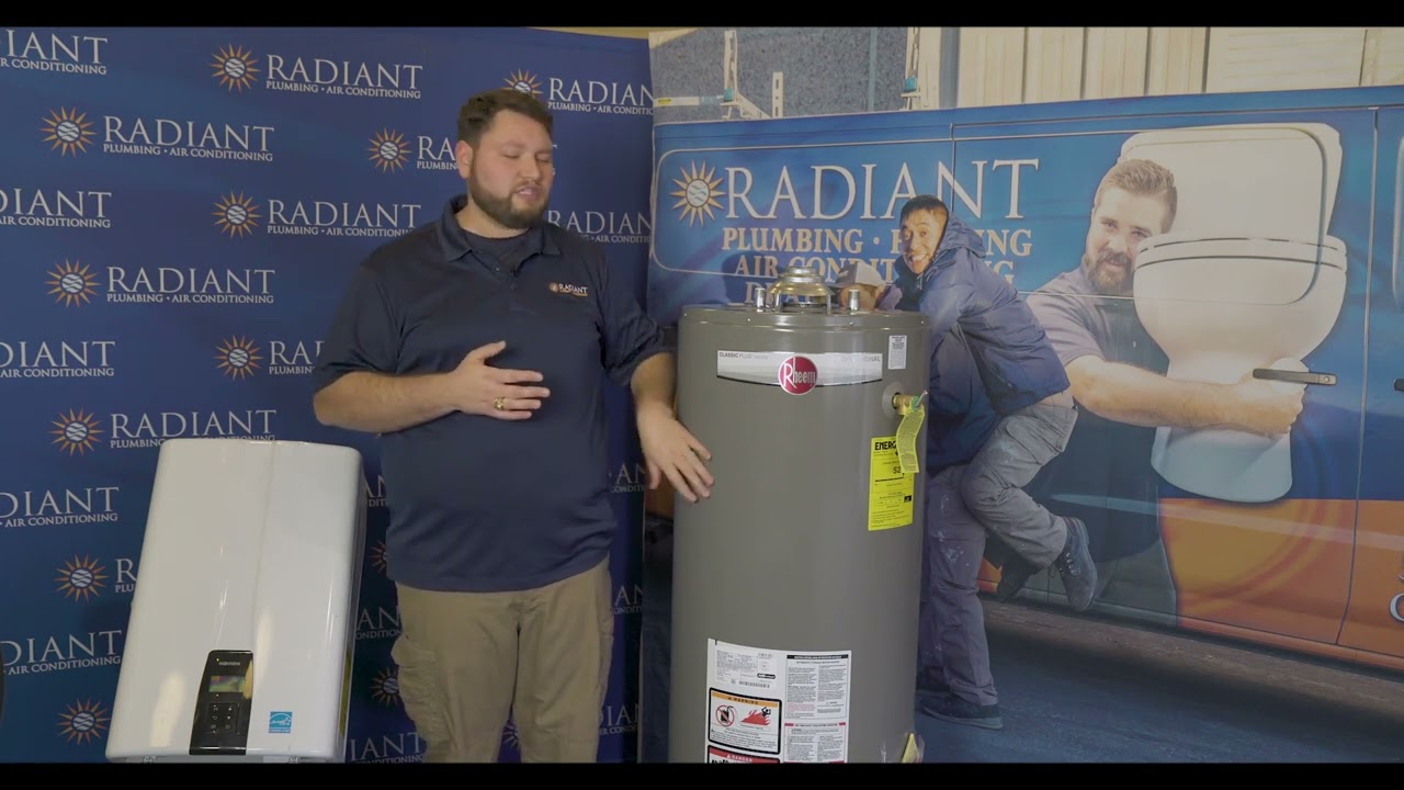 a still image of a Radiant technician next to water heaters